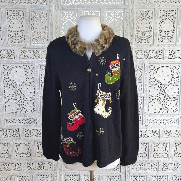 Tiara International Sweaters - Vtg Tiara International Christmas Holiday Cardigan Sz Large Faux Fur Cheetah